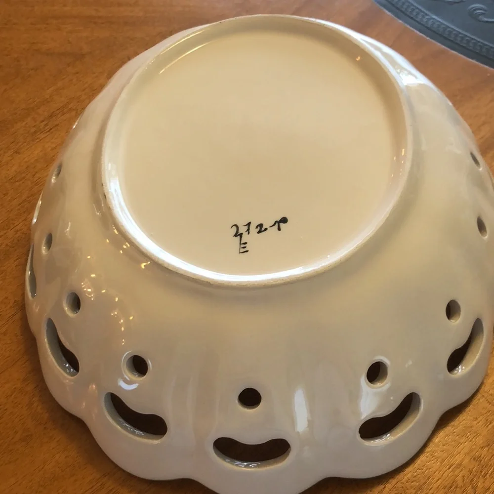 Portugal Ceramic Bowl Handpainted Scalloped Lattice Oval Floral
